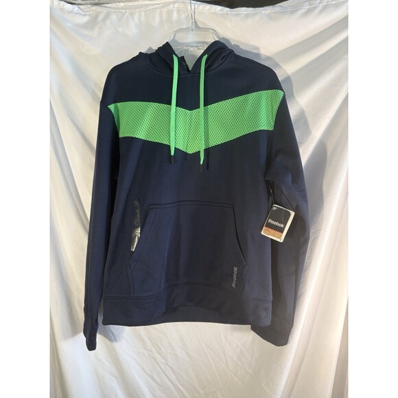 Reebok Small NWT Play Warm Pocketed Hoodie Navy W/green Performance Fleece - Picture 1 of 8
